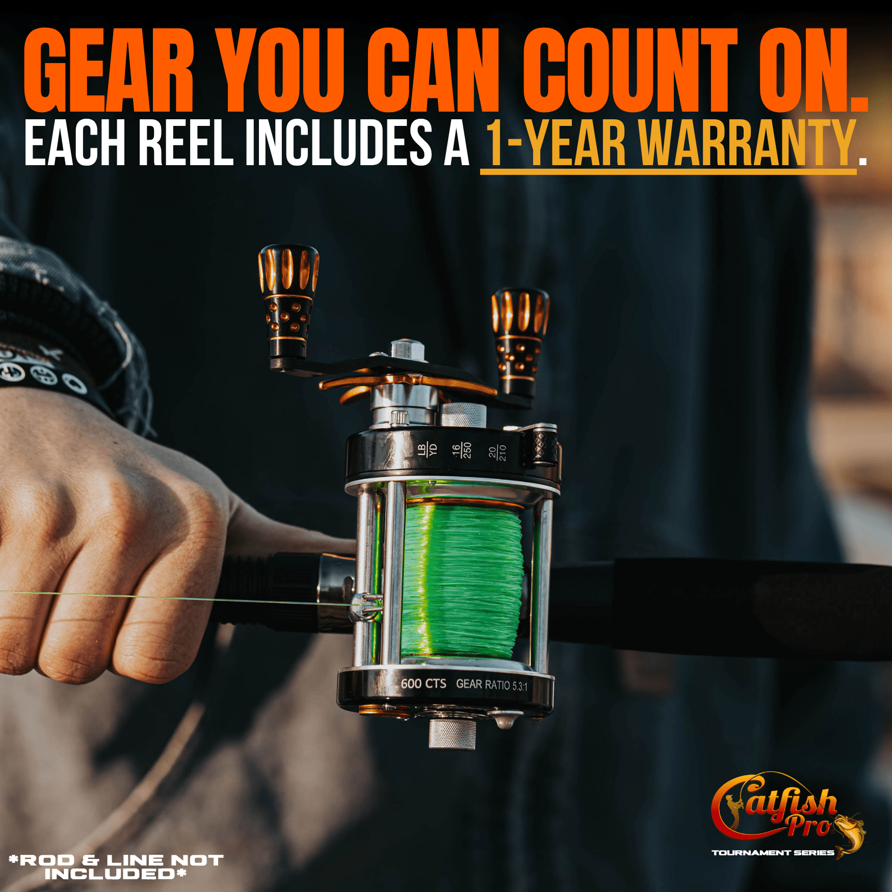 Fishing reel with green line, held by a hand, against a blurred background with promotional text.