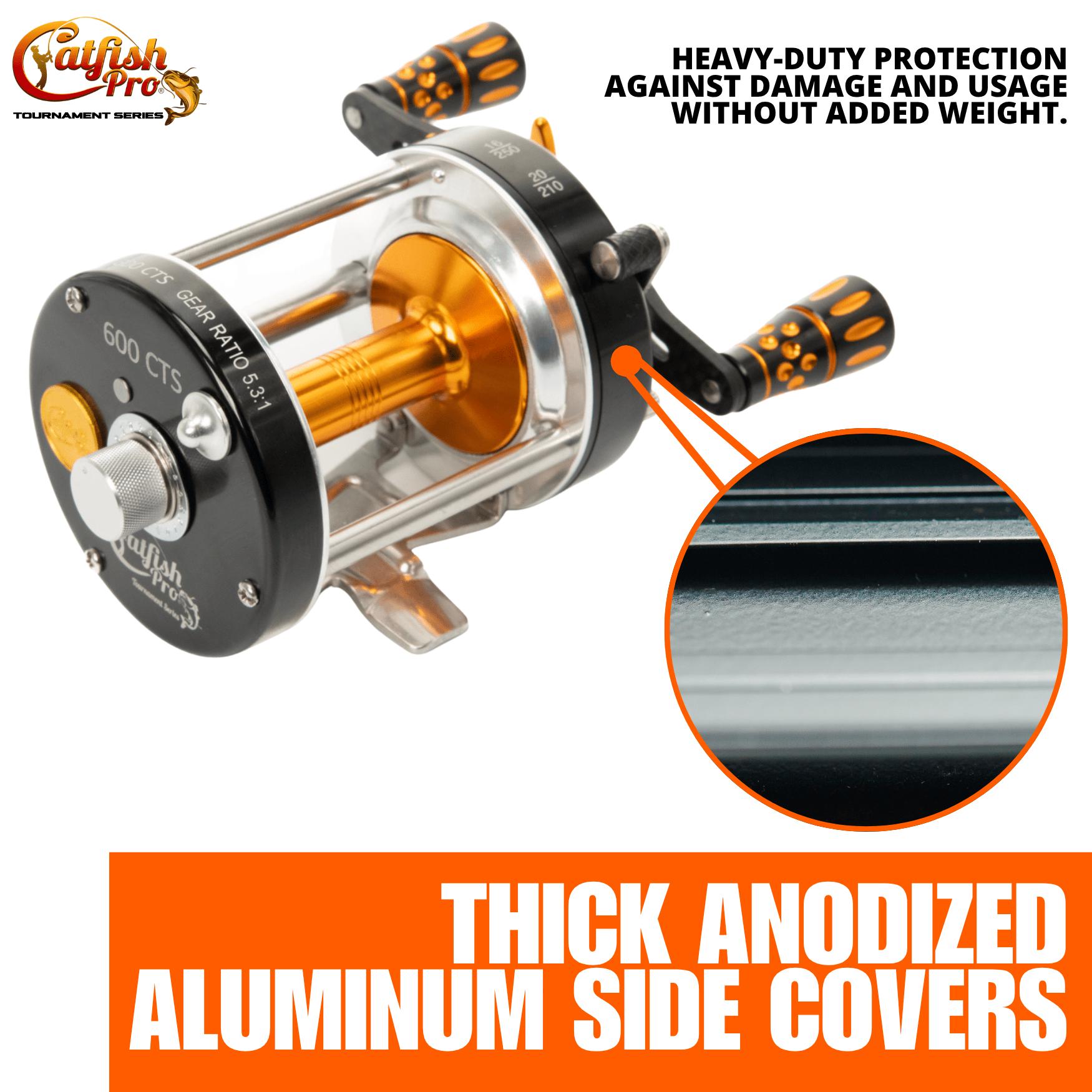 Fishing reel with thick anodized aluminum side covers on a white background