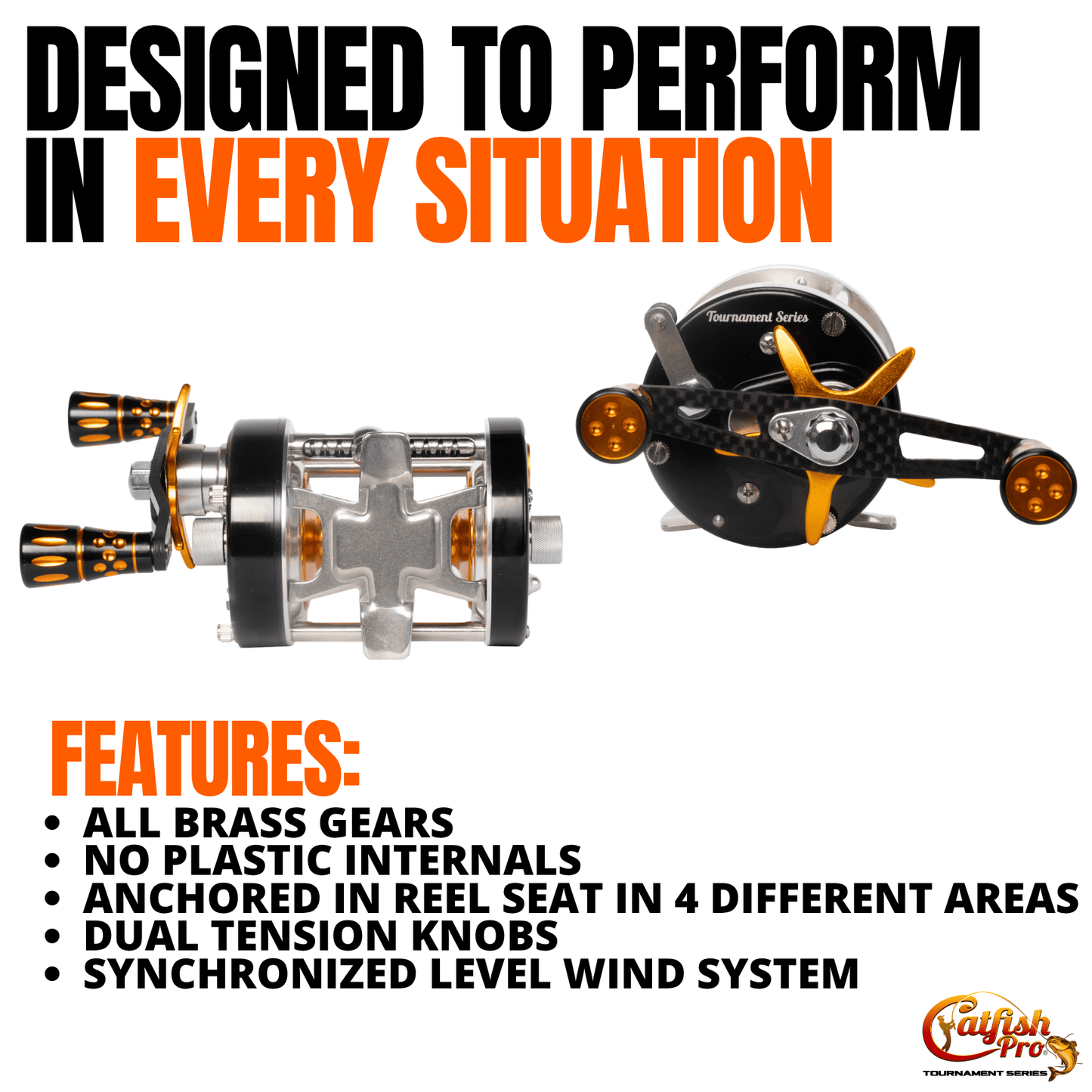 Fishing reels with text highlighting features and durability on a white background