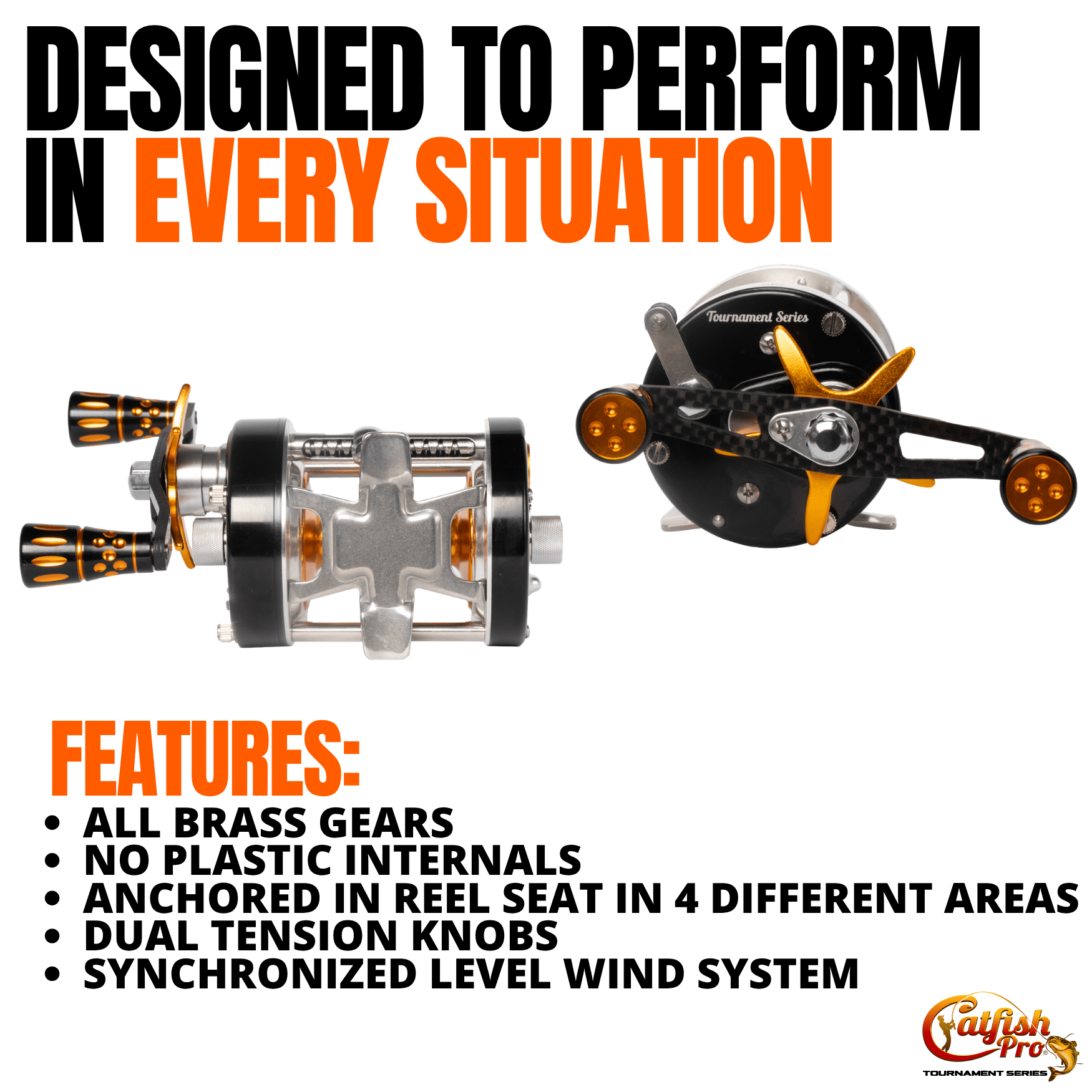 Fishing reels with text highlighting features and durability on a white background