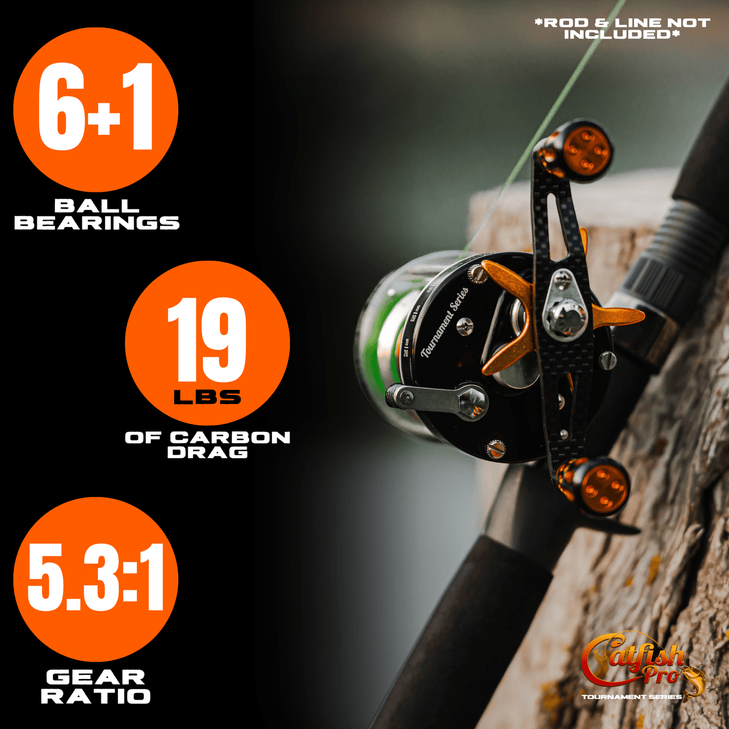 Fishing reel with specifications on a dark background
