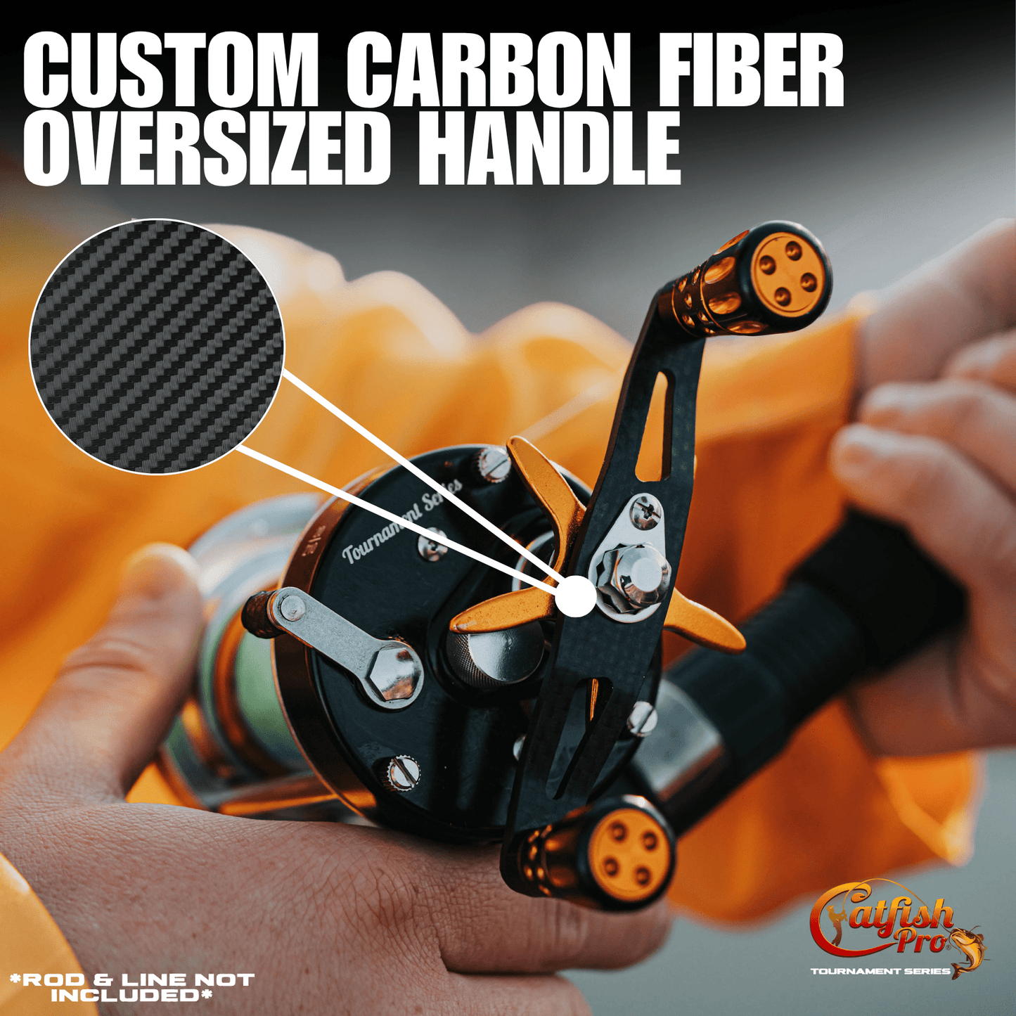 Fishing reel with oversized handle and carbon fiber texture, held by hands against a blurred background.