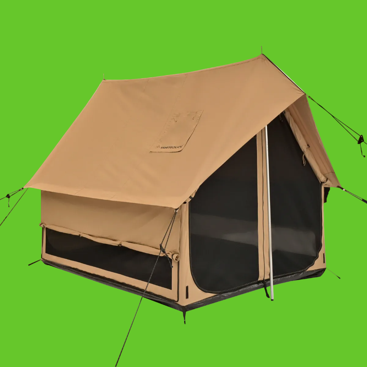 Brown camping tent with mesh side on a green background