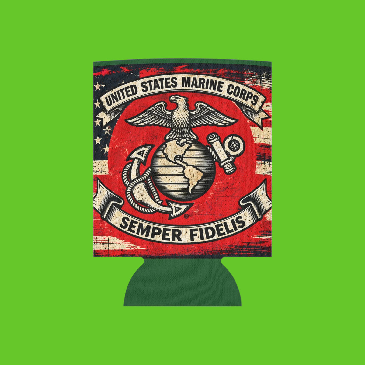 A koozie can cooler featuring the United States Marine Corps emblem with 'Semper Fidelis' text, set against a red, white, and black distressed flag design with a dark green base.