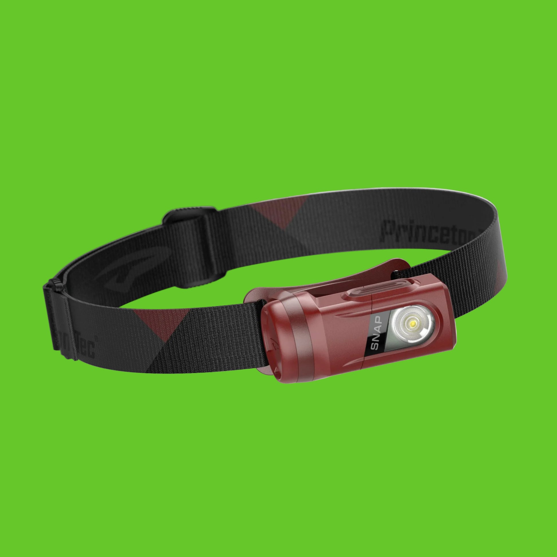 Red headlamp with black strap on a white background
