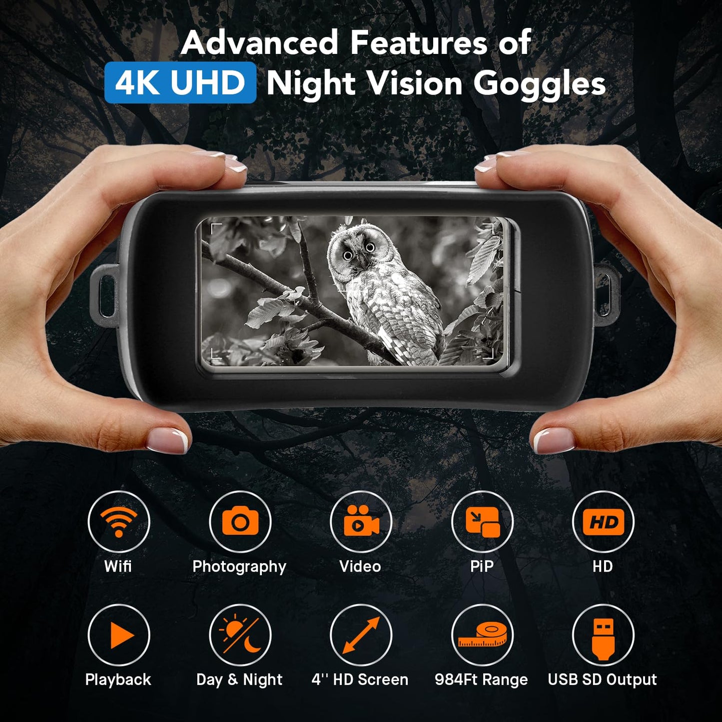 Night Vision Goggles - 4K UHD/Infrared with 4"/3" HD Screen and 32GB Memory Card by GTHUNDER (GERMAN)