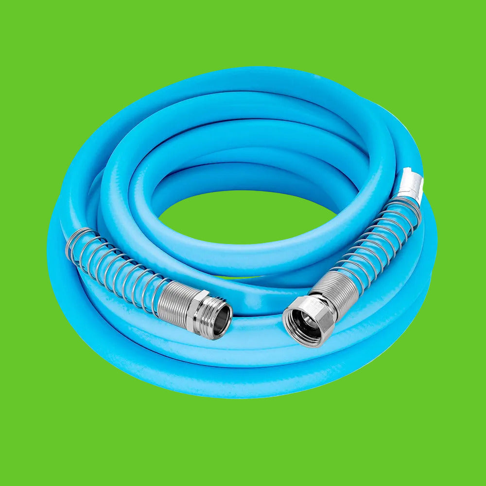 Coiled blue garden hose with silver connectors on a white background