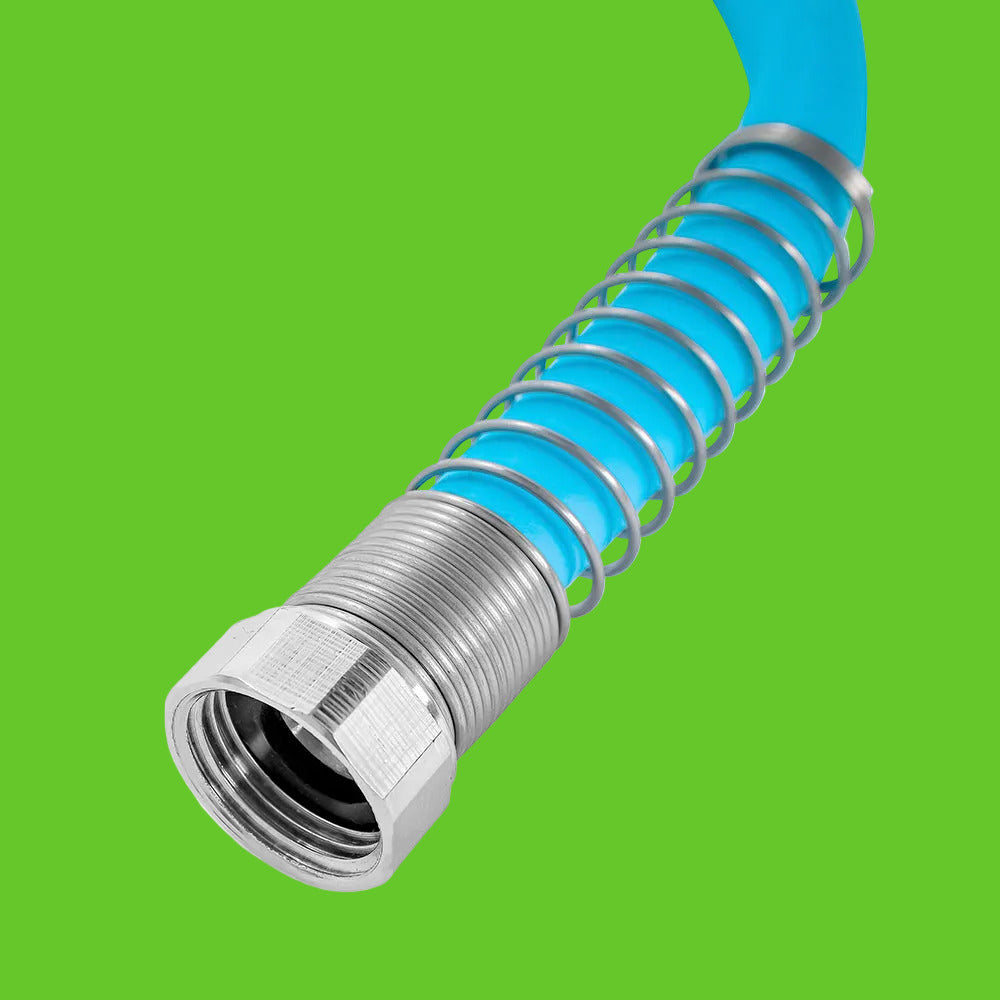 Coiled blue hose with silver fitting on a white background