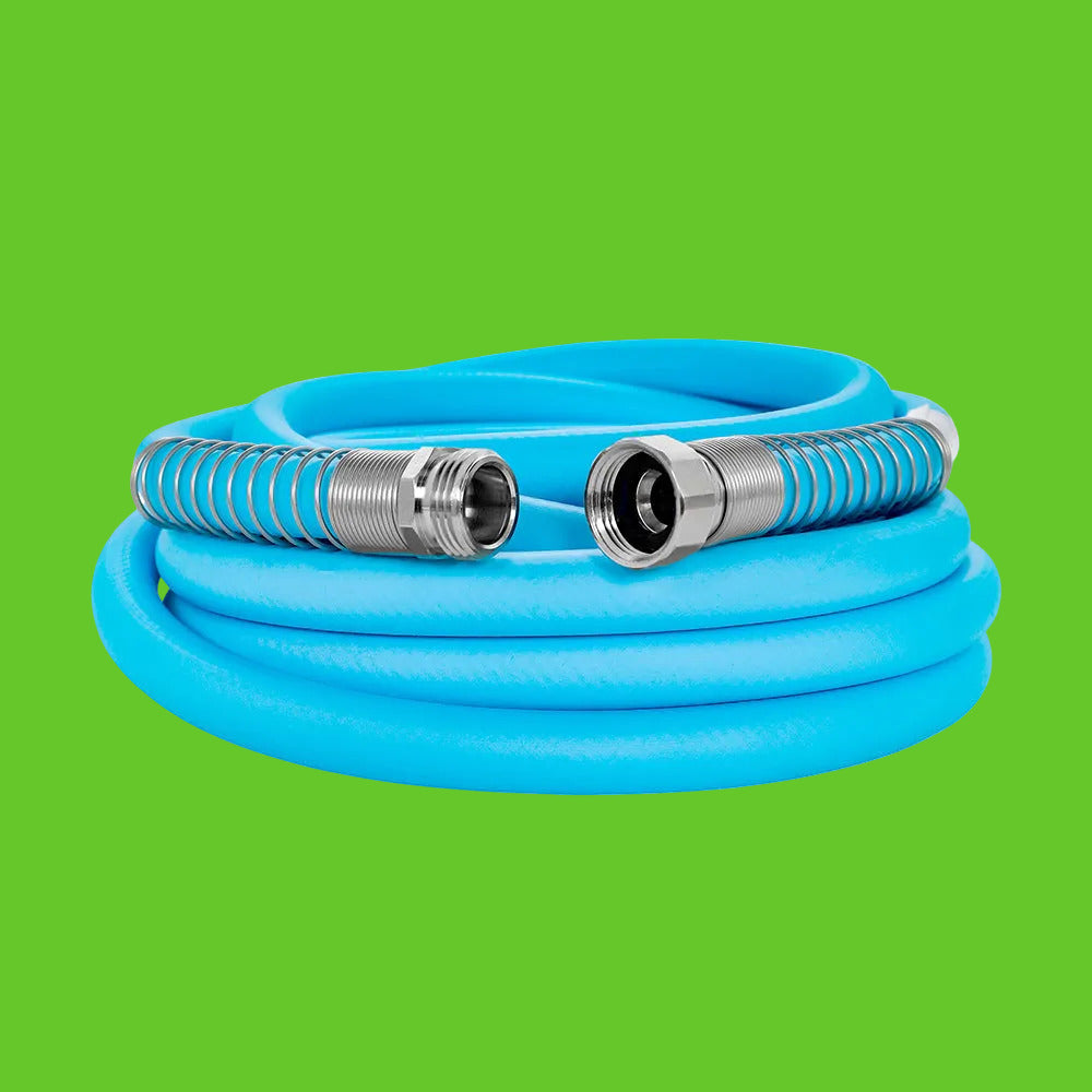 Blue garden hose with silver connectors on a white background