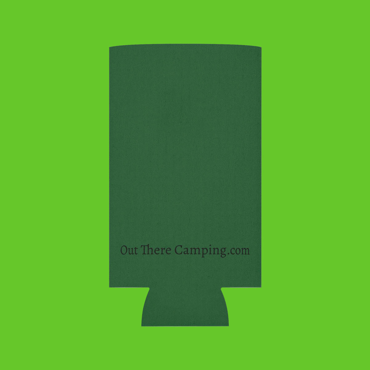 A dark green neoprene can cooler sleeve with the text 'Out There Camping.com' printed in dark green on the front, shown against a plain white background.