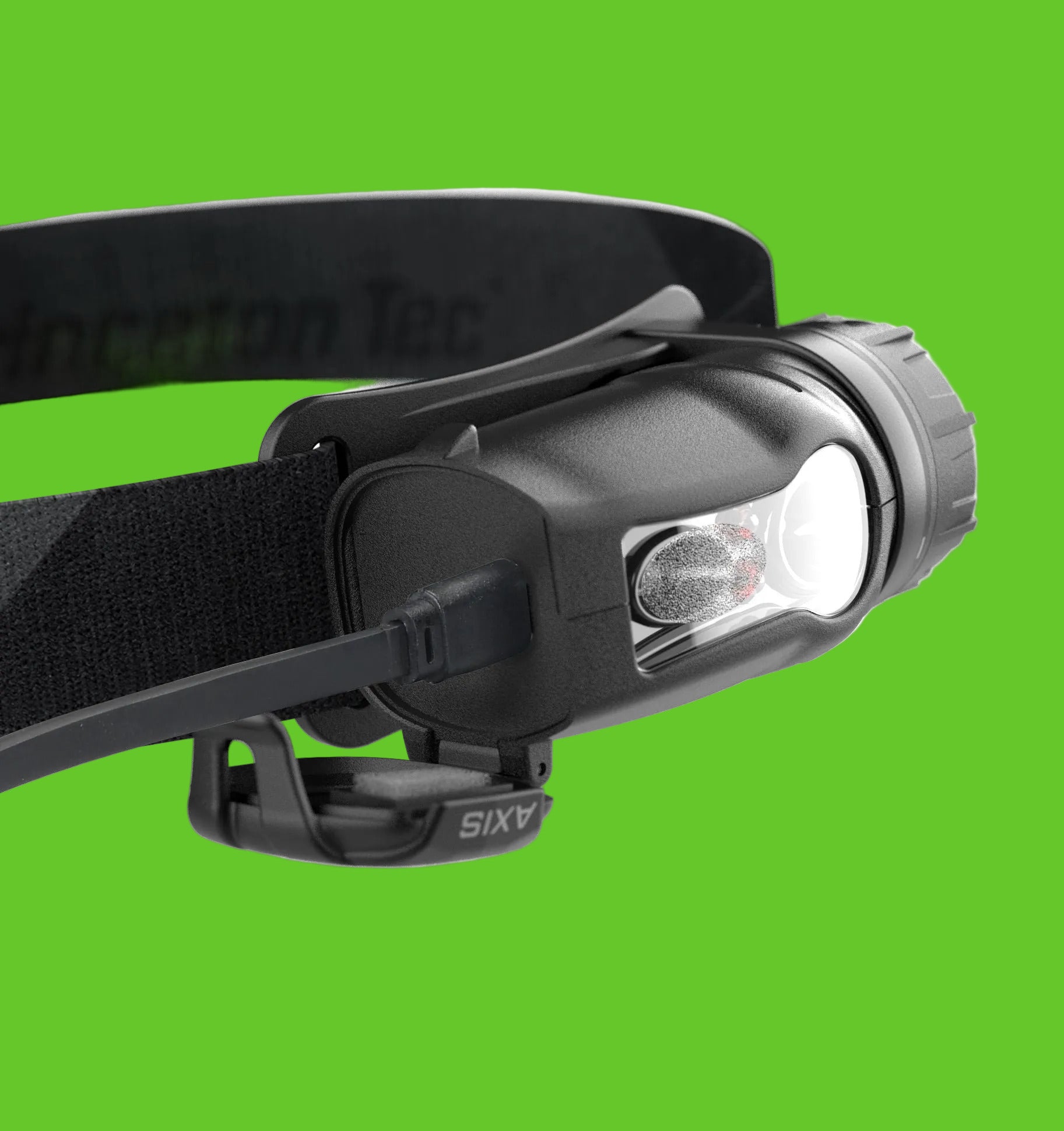 Black headlamp with visible brand logo on a white background