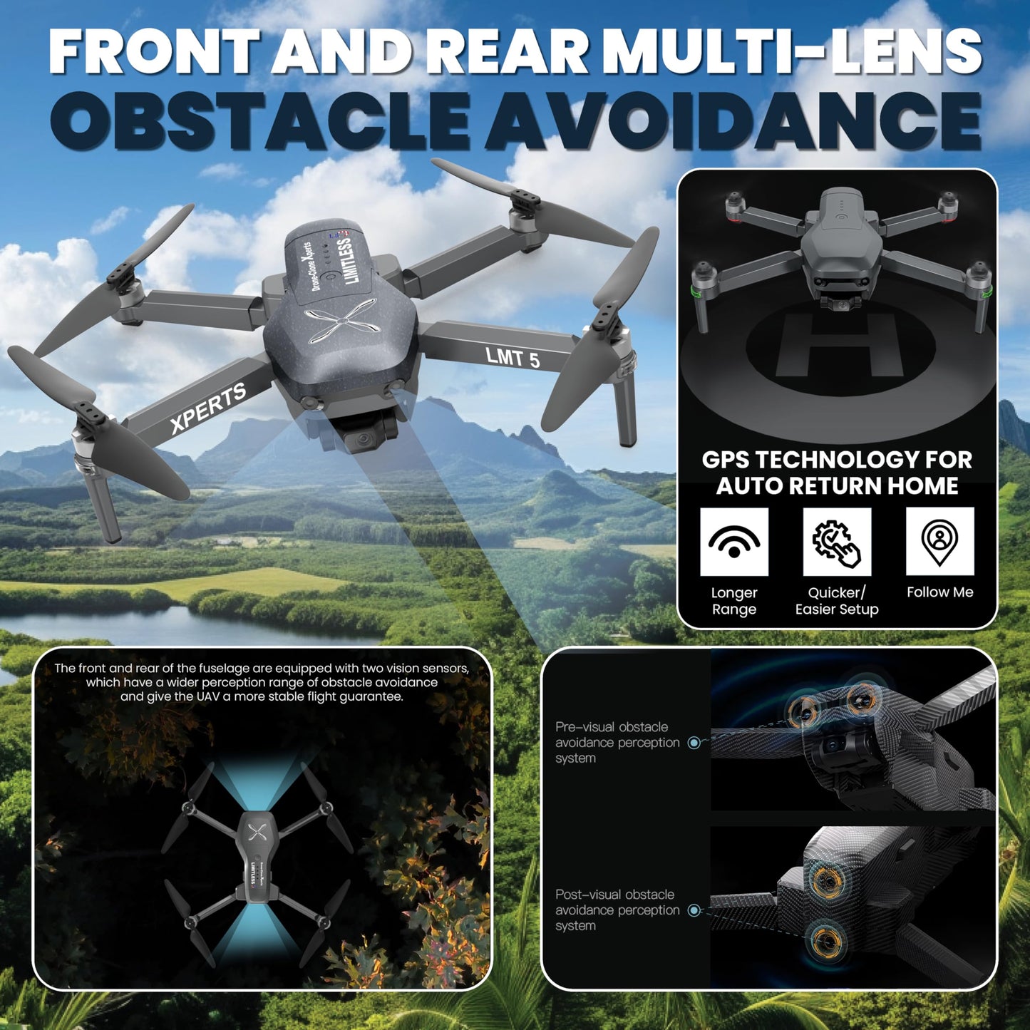 Drone "X Pro LIMITLESS 5" w/ Camera/GPS/4K/ UHD Drones w/ Obstacle Avoidance (AMERICAN)