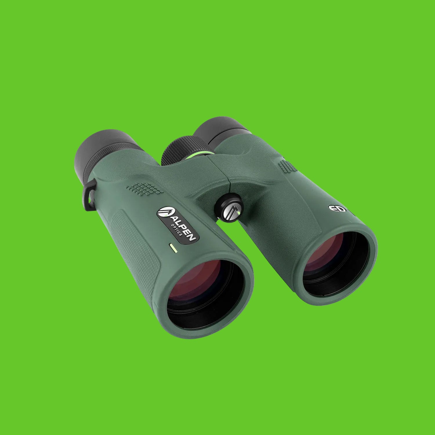 Green binoculars with a brand logo on a white background