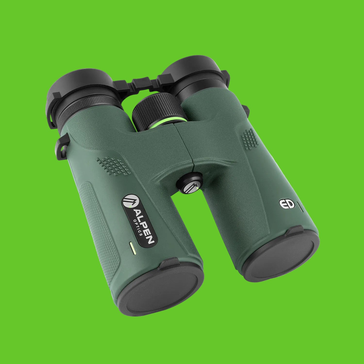 Green binoculars with black accents on a white background, featuring the Alpen brand.