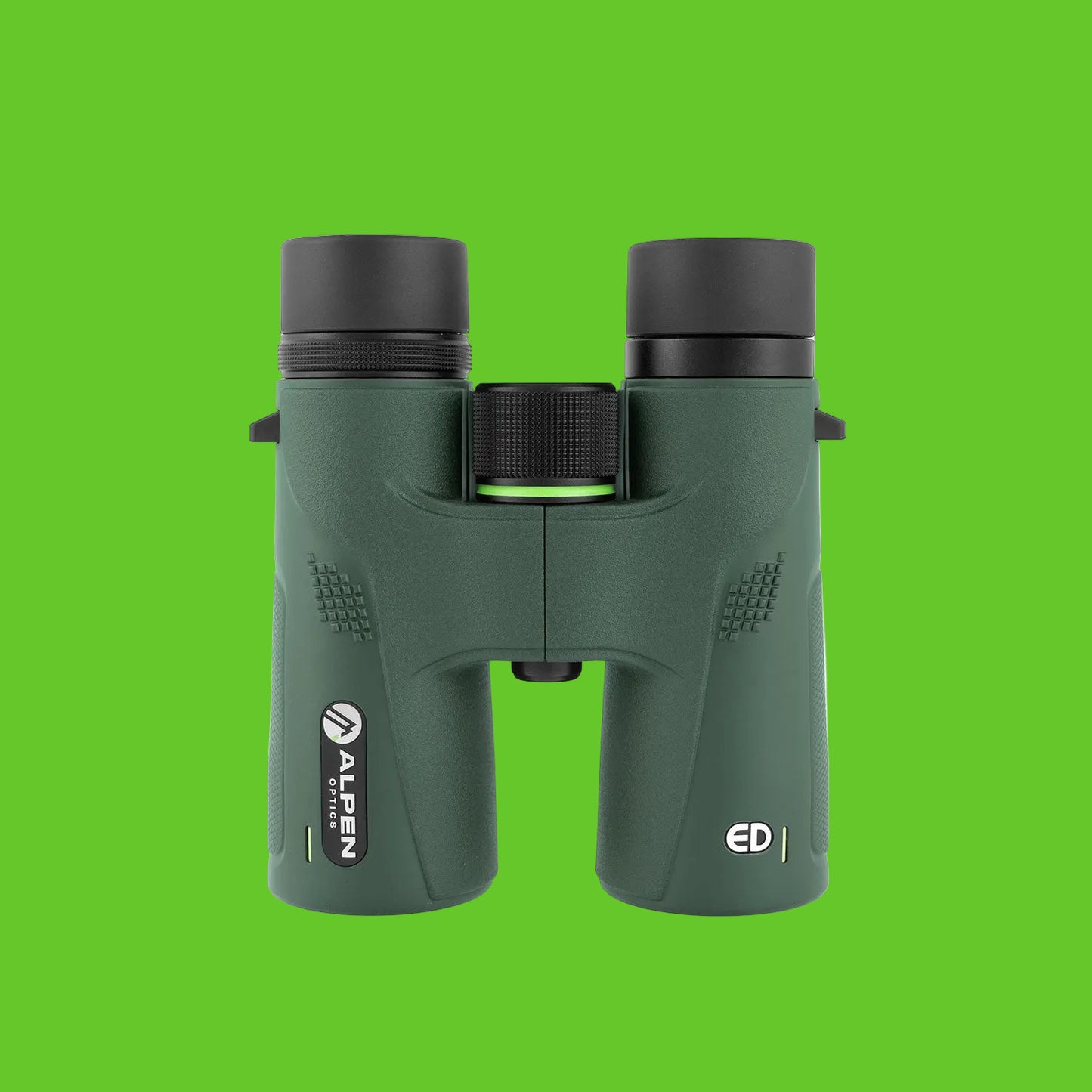 Green binoculars with black accents on a white background