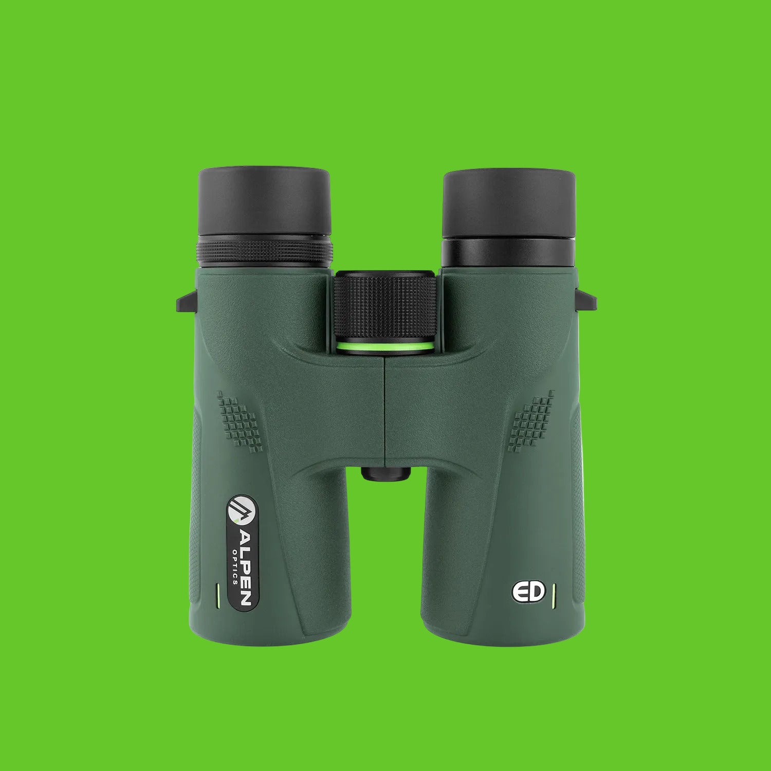 Green binoculars with black accents on a white background