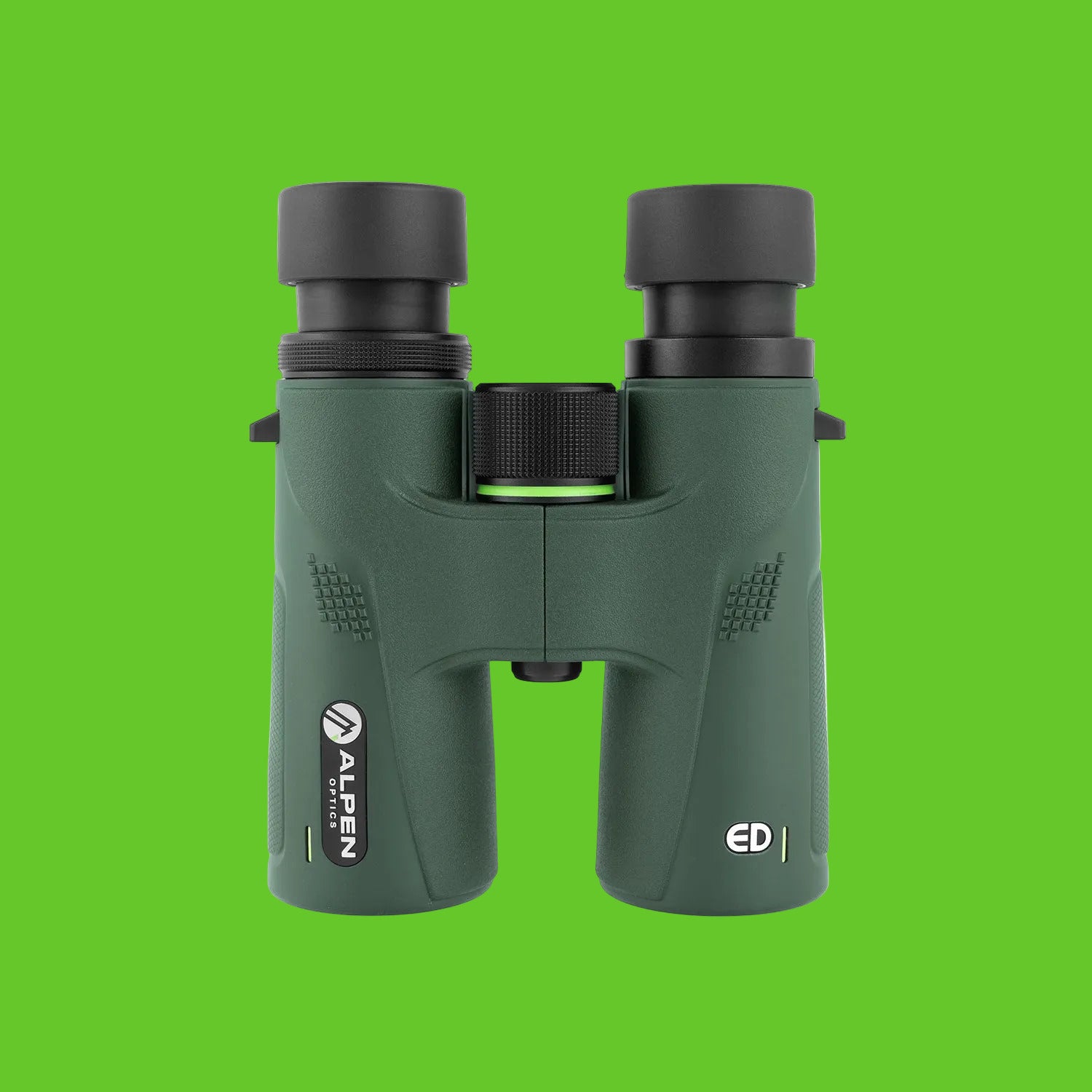 Green binoculars with black accents on a white background