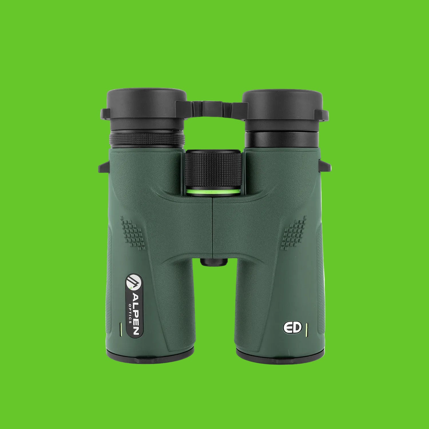 Green binoculars with 'Alpen' branding on a white background