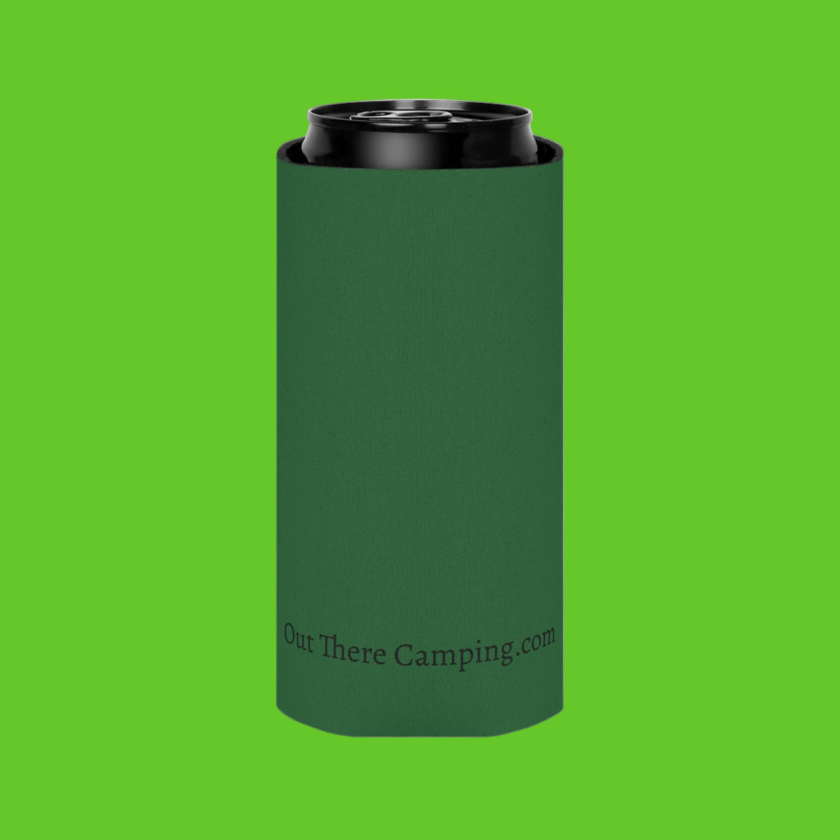 A dark green neoprene can cooler sleeve holding a black can, shown on a plain white background. The text 'Out There Camping.