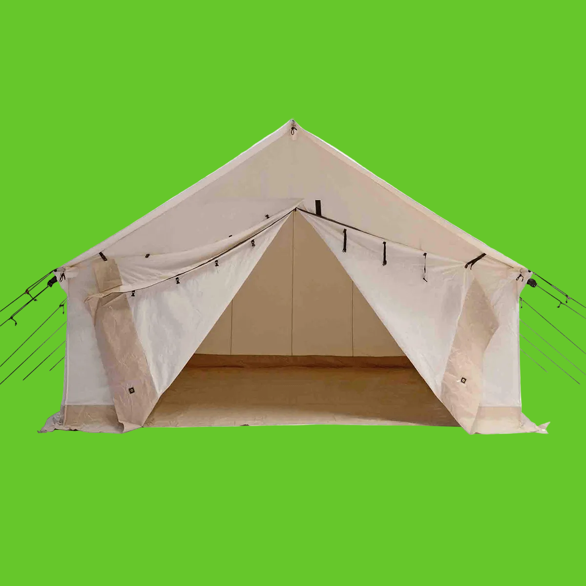 Beige bell tent with wooden floor on a white background