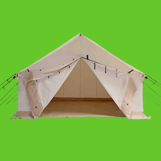 Beige bell tent with wooden floor on a white background