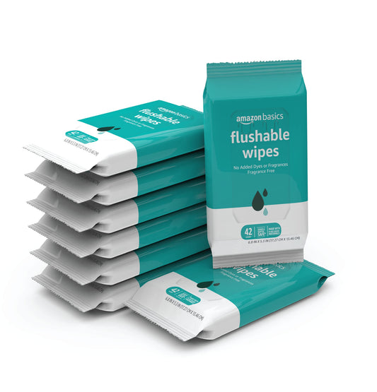 Amazon Basics Flushable Adult Toilet Wipes, Fragrance Free, Made with plant-based fibers, 100% biodegradable wipes when disposed of in the toilet