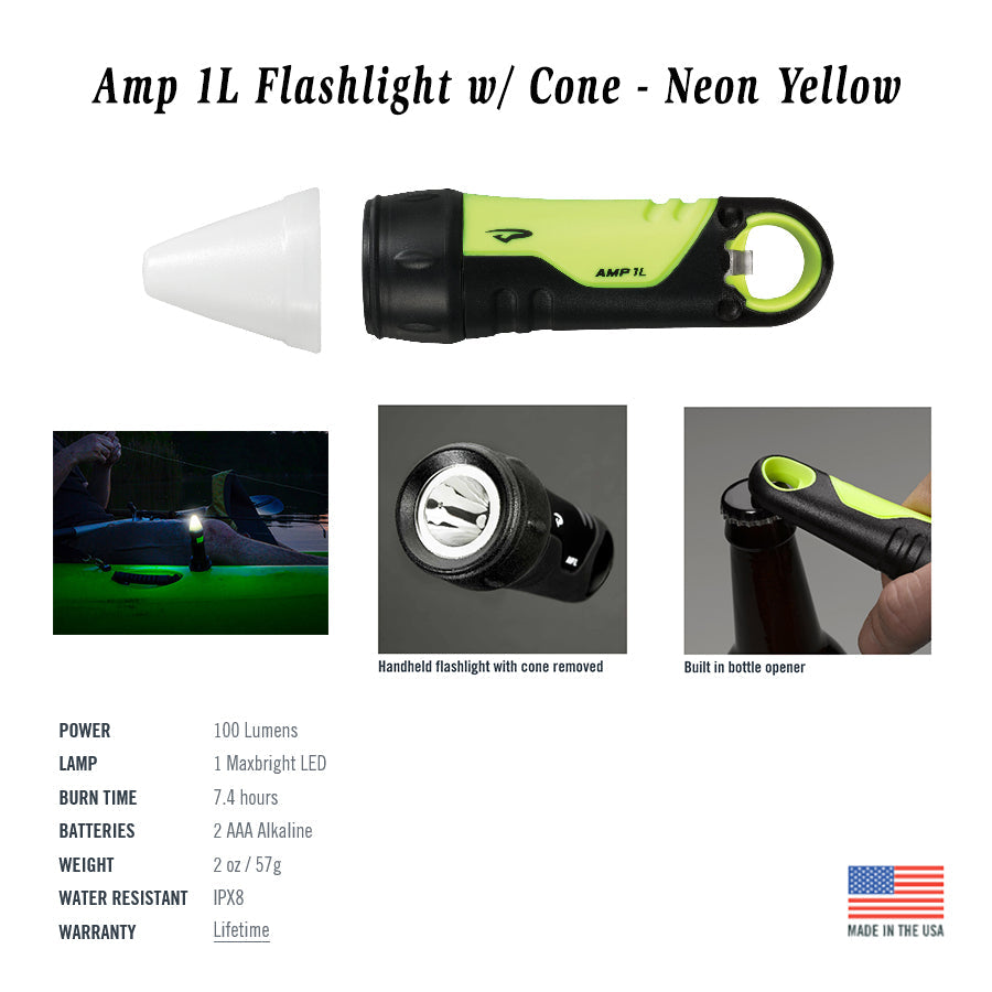Neon yellow flashlight with cone attachment on a white background