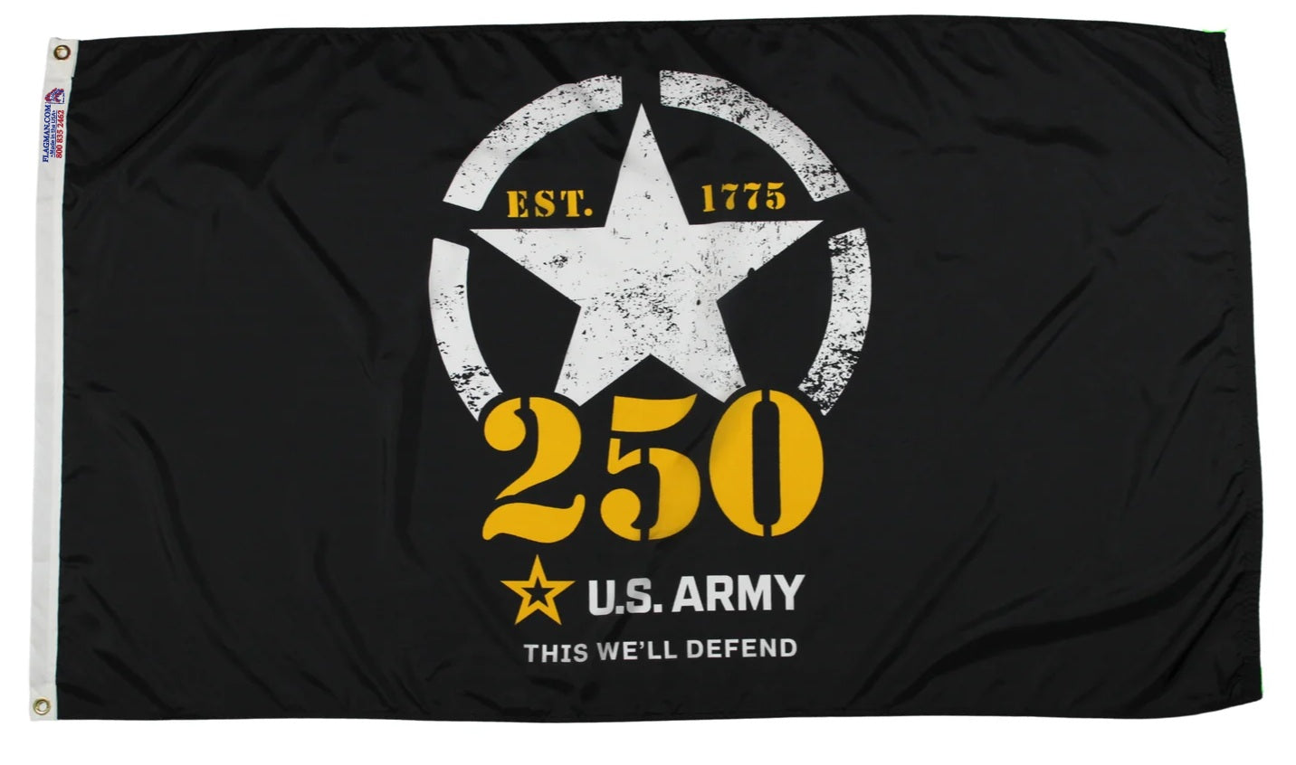Black flag with U.S. Army logo and text on a black background