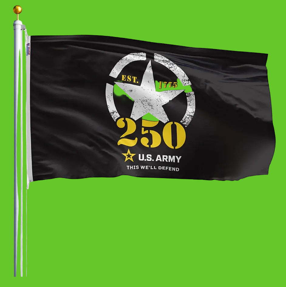 Black flag with U.S. Army logo and text on a white background