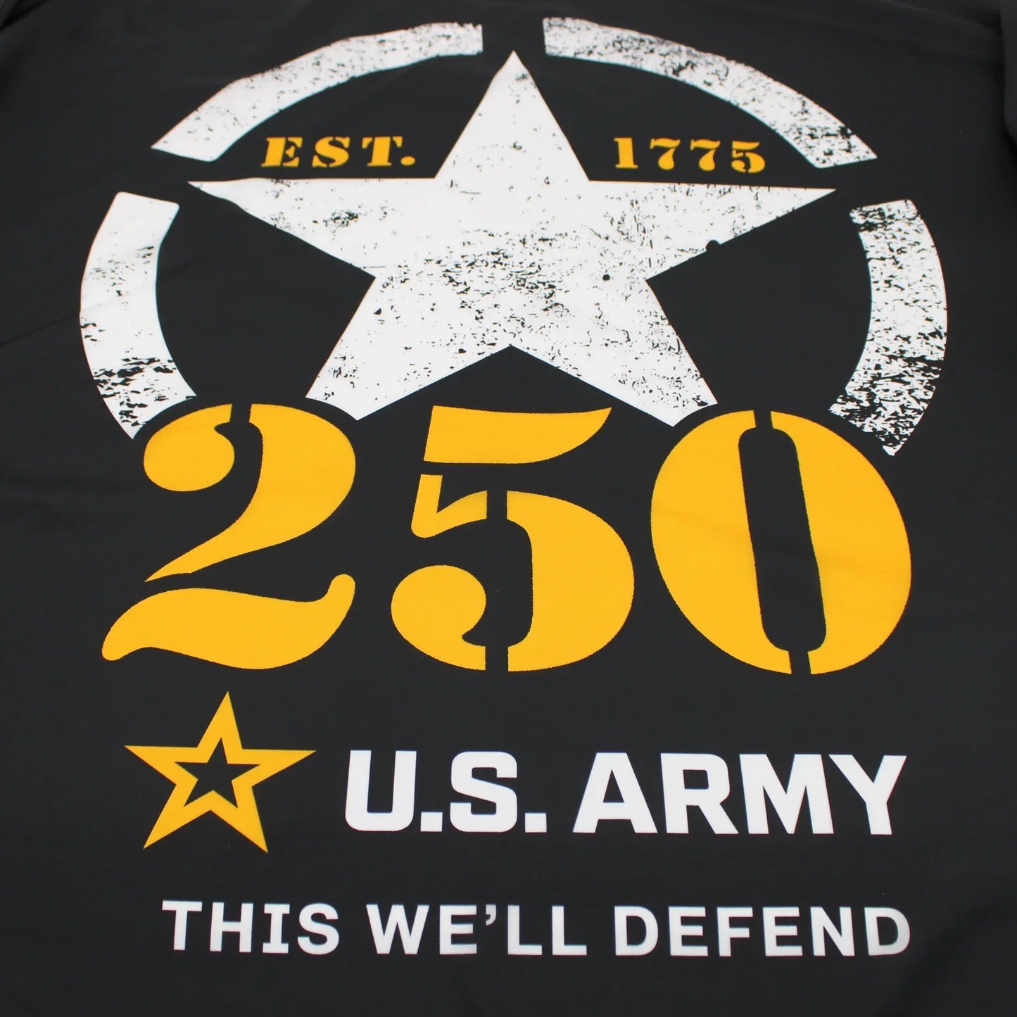 Black t-shirt with U.S. Army 250th anniversary design featuring a star and text.