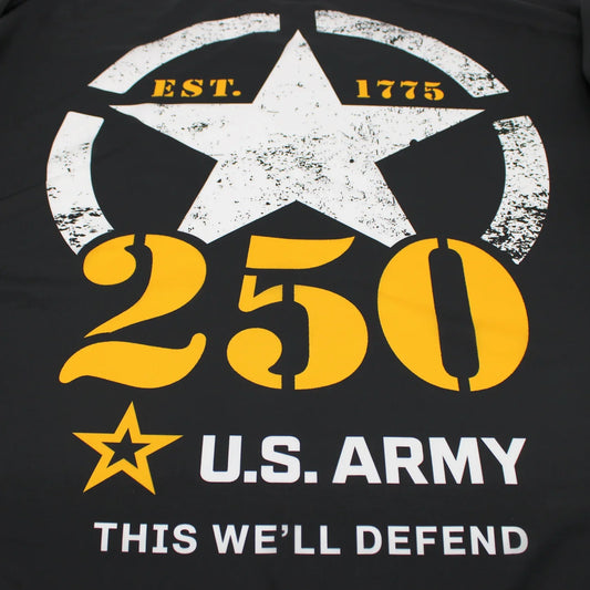 Black t-shirt with U.S. Army 250th anniversary design featuring a star and text.