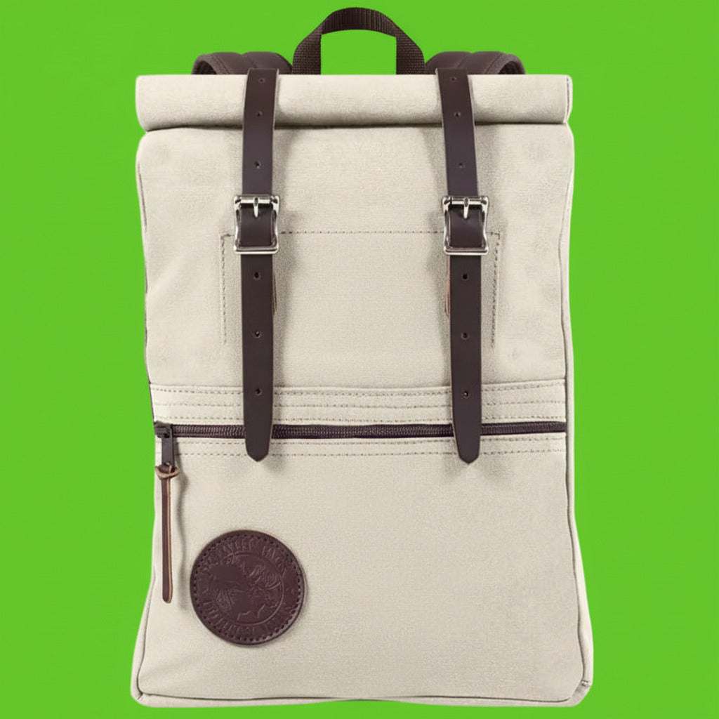 Beige backpack with brown straps and a logo on a white background