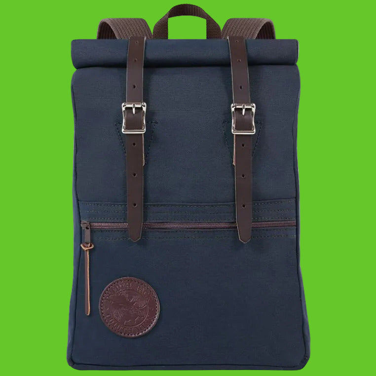 Navy blue backpack with brown straps and accents on a white background