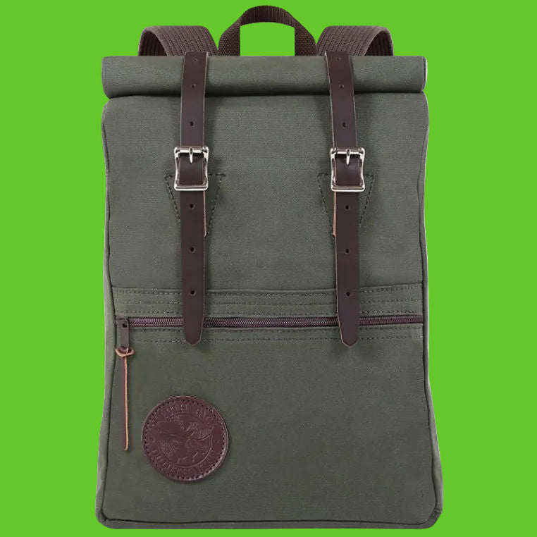 Green backpack with brown straps and a logo on a white background