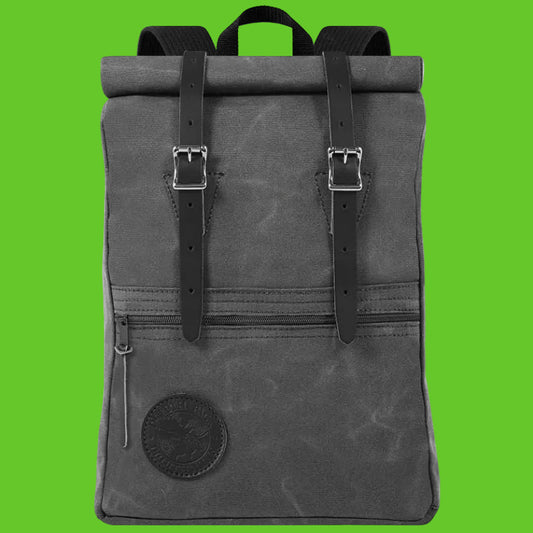 Gray backpack with black straps on a white background