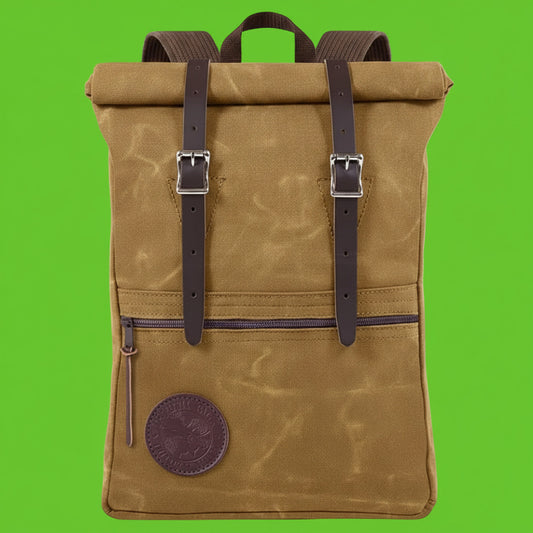Brown backpack with leather straps on a white background