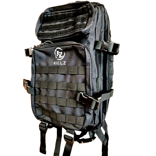 Black tactical backpack with 'KILLZ' logo on a white background