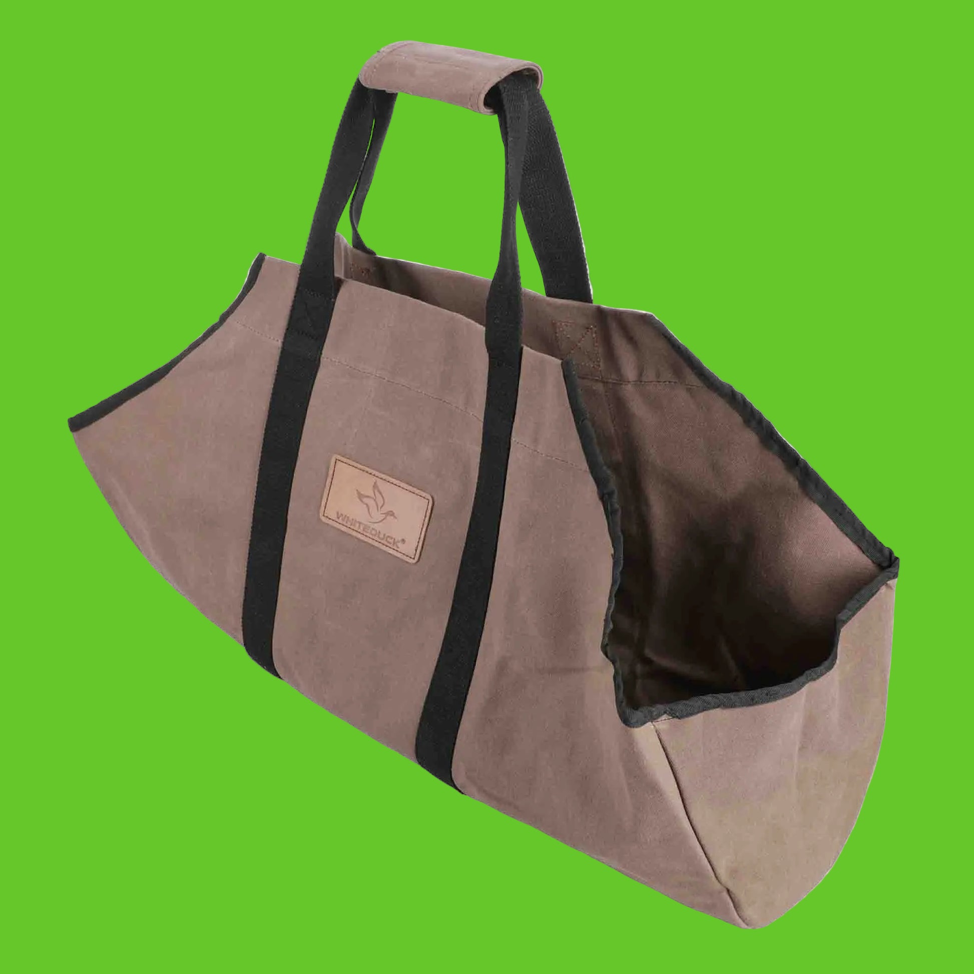 Brown tote bag with black straps on a white background