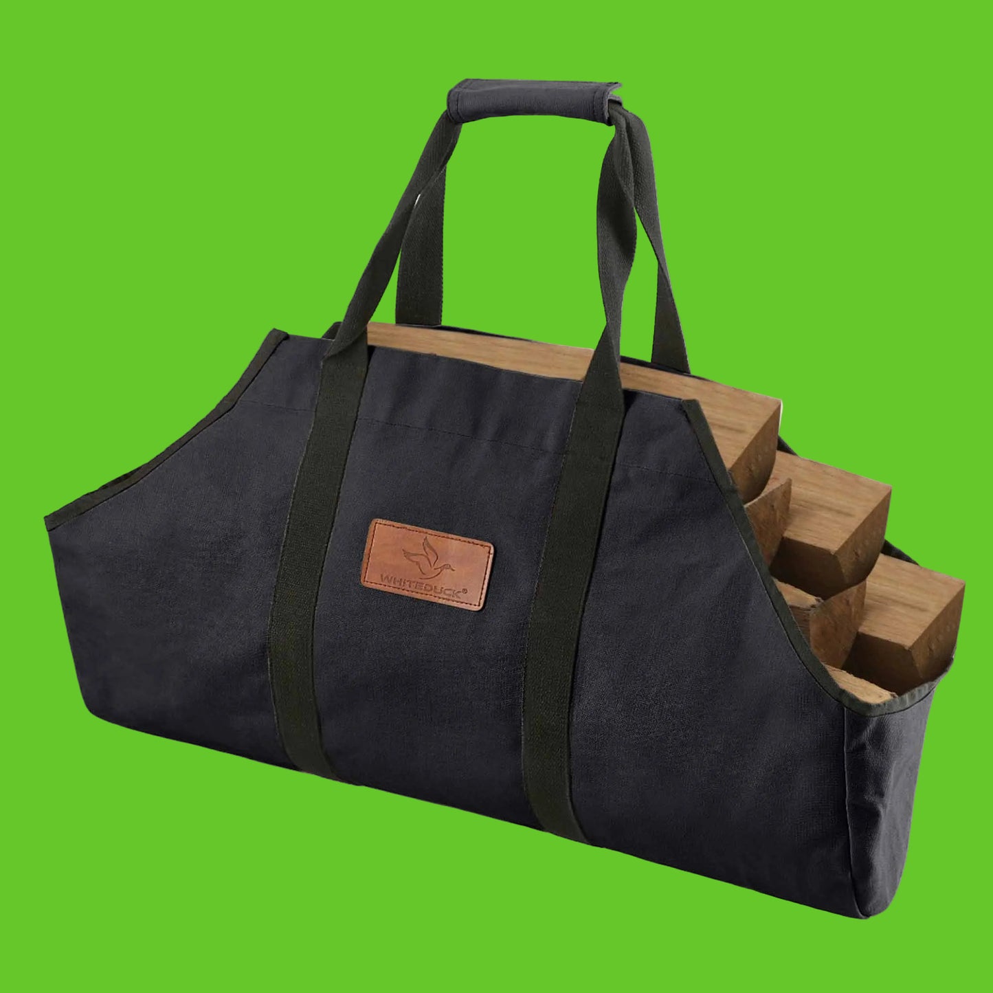 Black carrying bag with wooden blocks on a white background