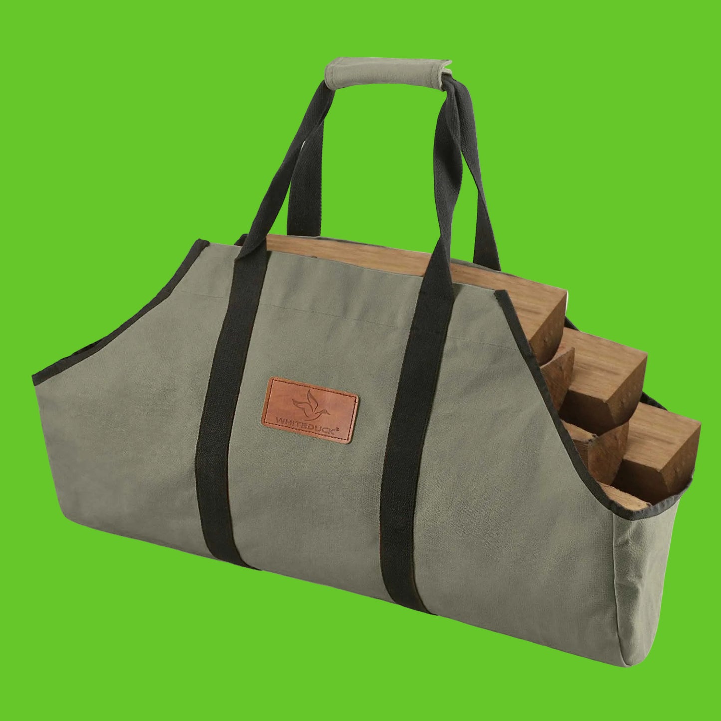 Gray tool bag with black straps and wooden blocks on a white background