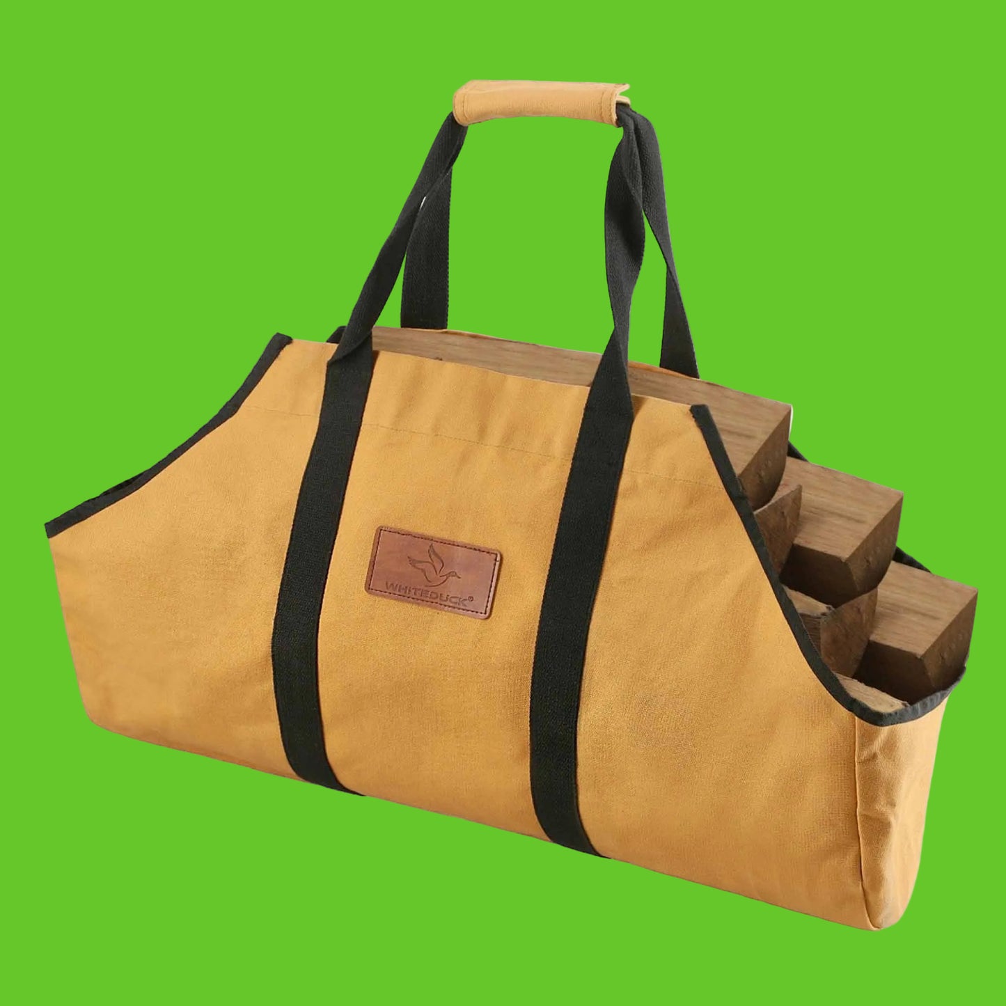 Yellow carrying bag with black straps and wooden blocks on a white background