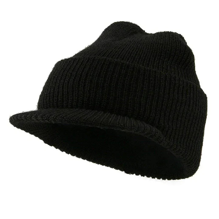 Black knit beanie with a visor on a white background