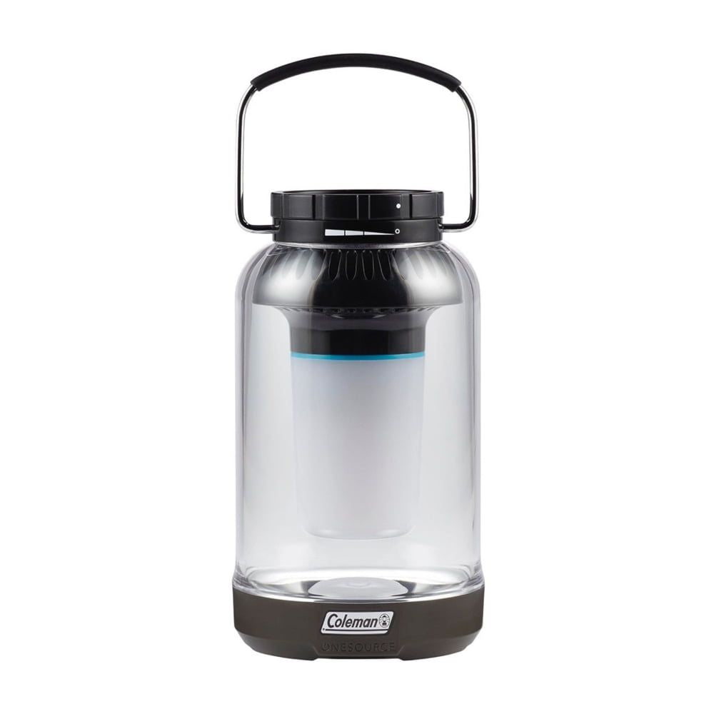 Clear lantern with black handle and base on a white background, featuring the Coleman logo.