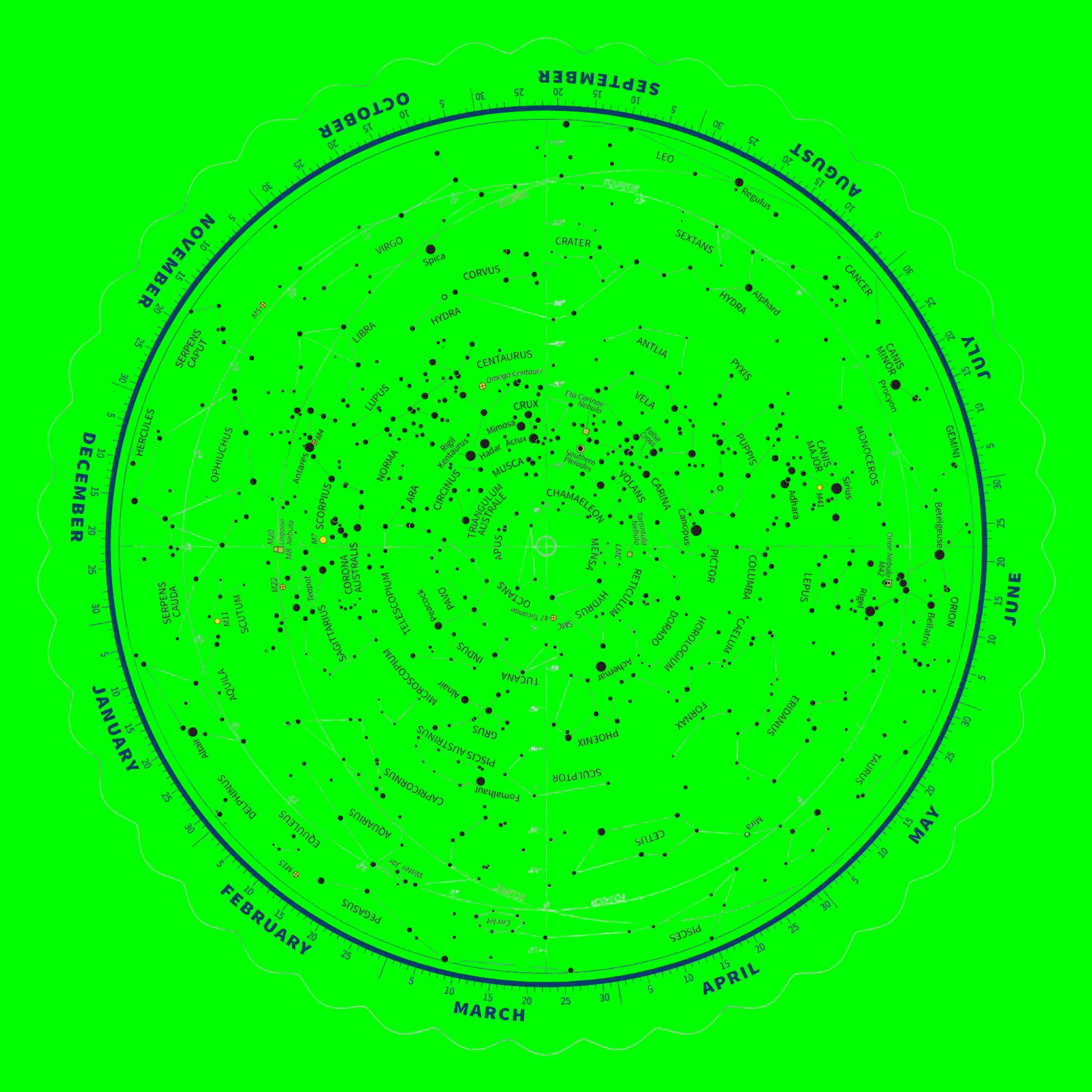 Star map with constellations and zodiac signs on a white background