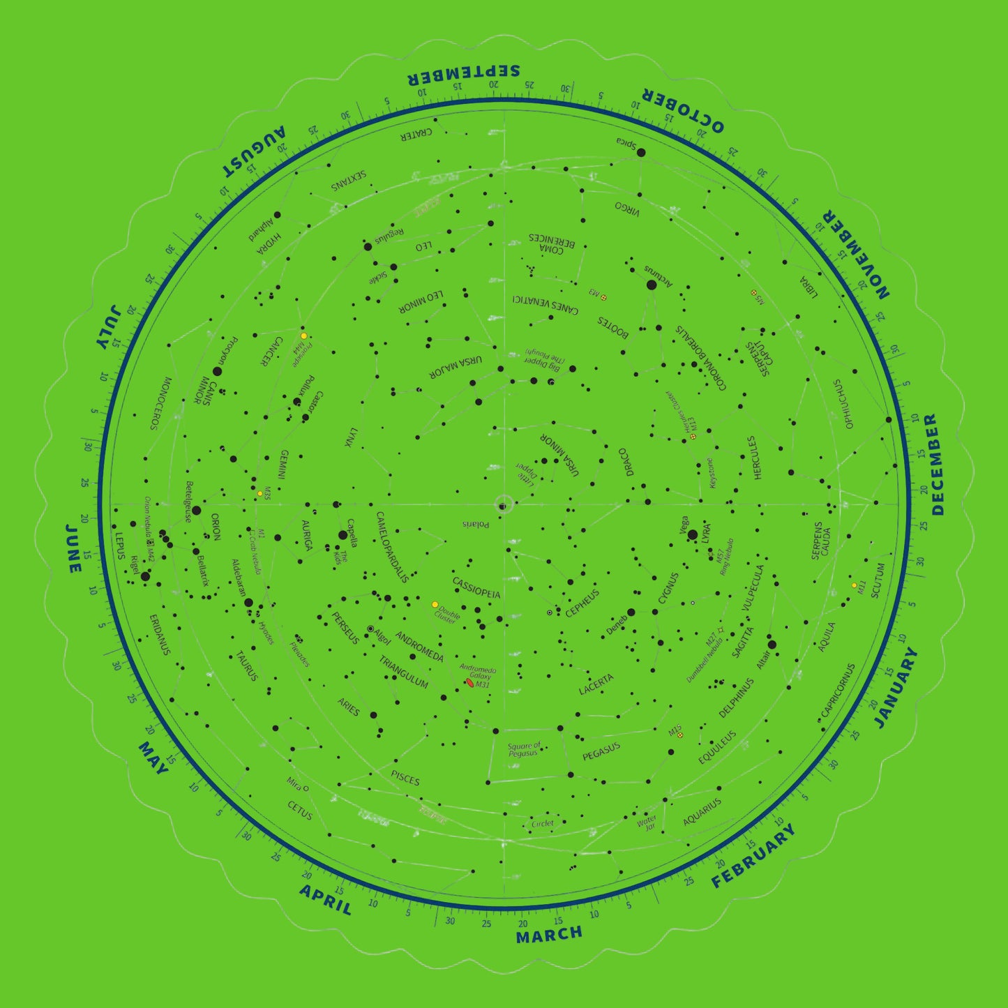 Star map with constellations labeled for each month on a white background