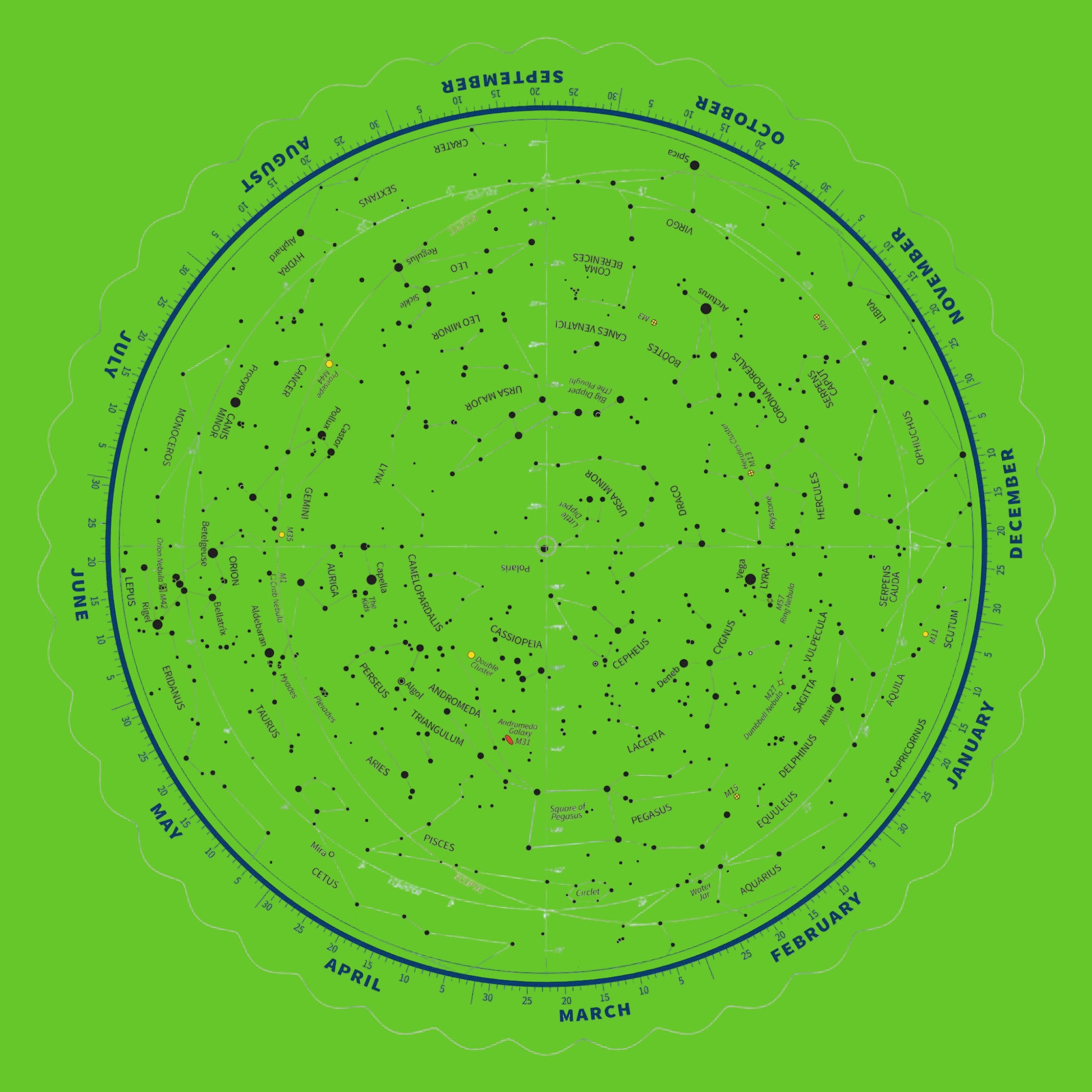 Star map with constellations labeled for each month on a white background