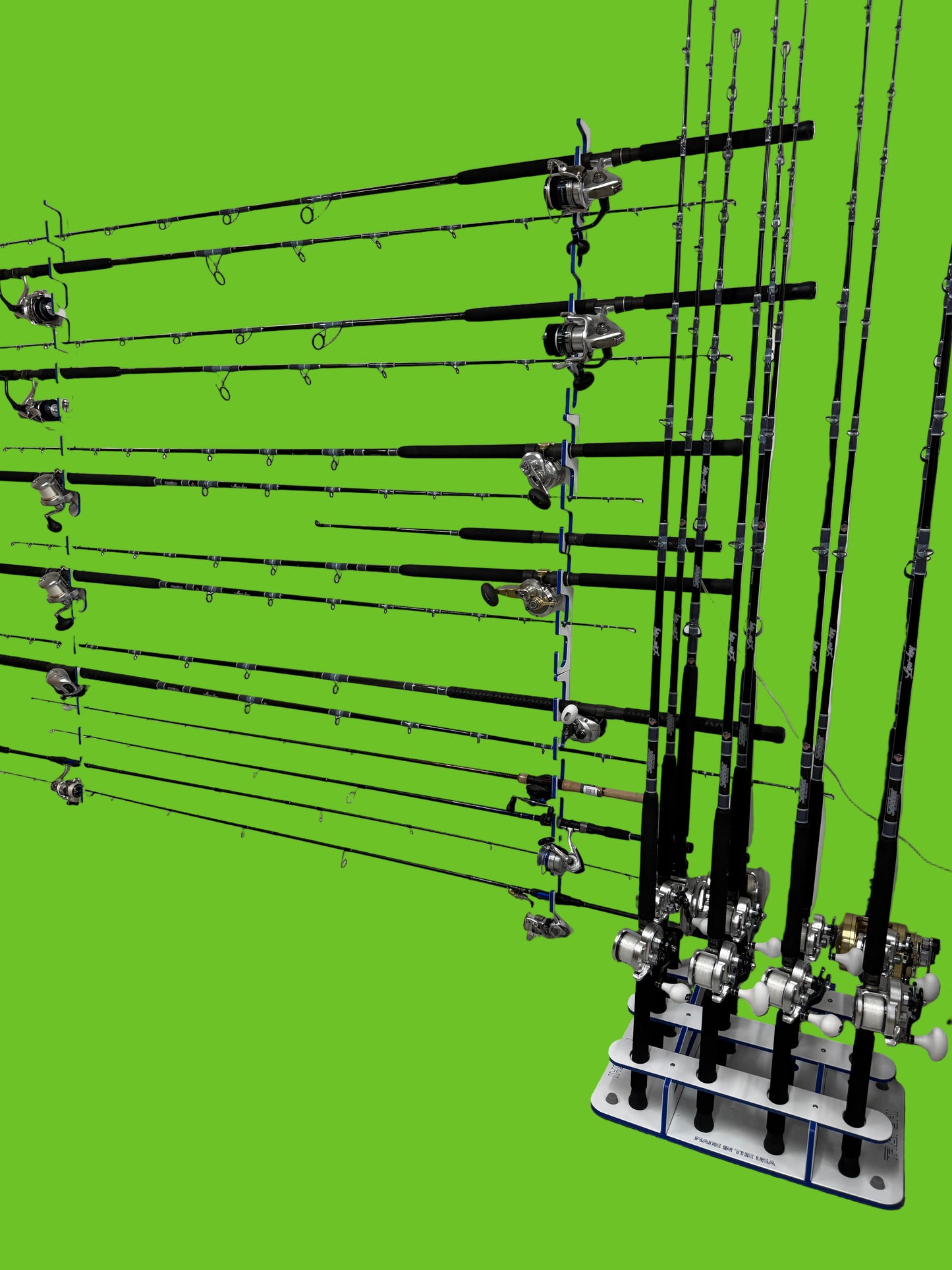 Fishing rods on a wall-mounted rack in a garage setting