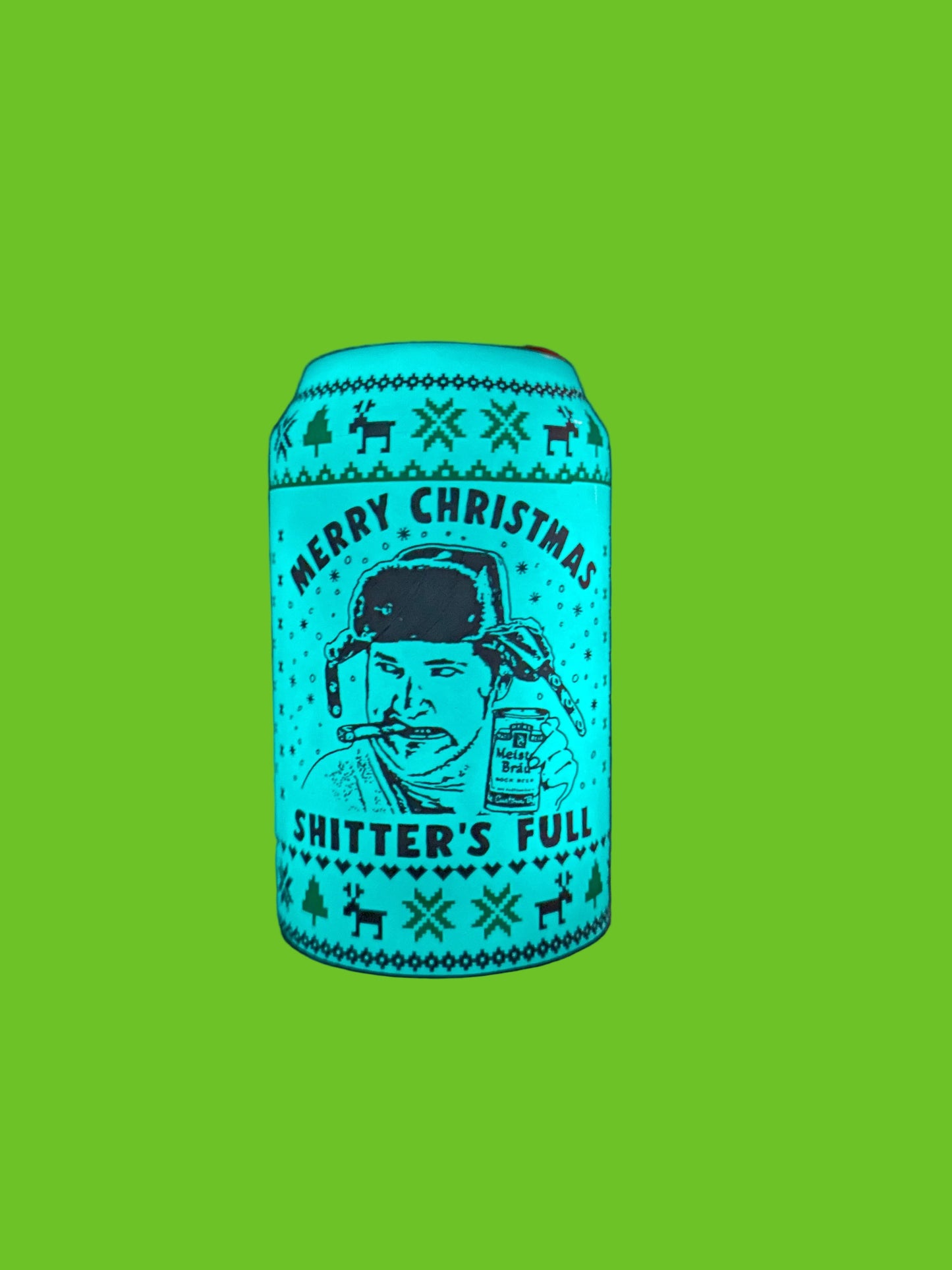 Glowing blue can with Christmas design and text on a black background