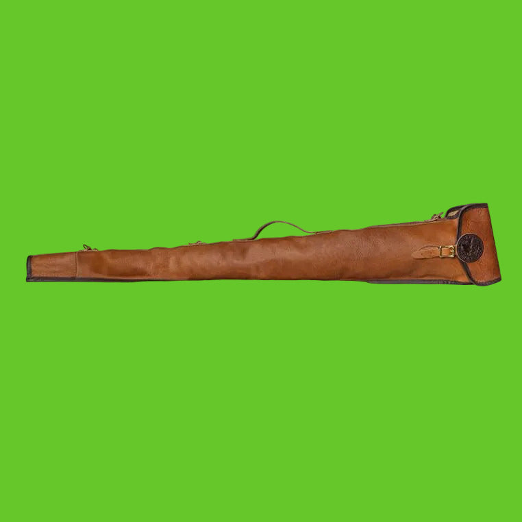 Brown leather gun case on a white background