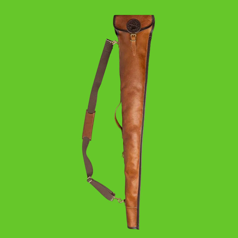 Brown leather archery quiver with shoulder strap on a white background